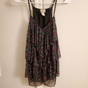 Black Ruffled Tank Top with Floral Cherry Pattern